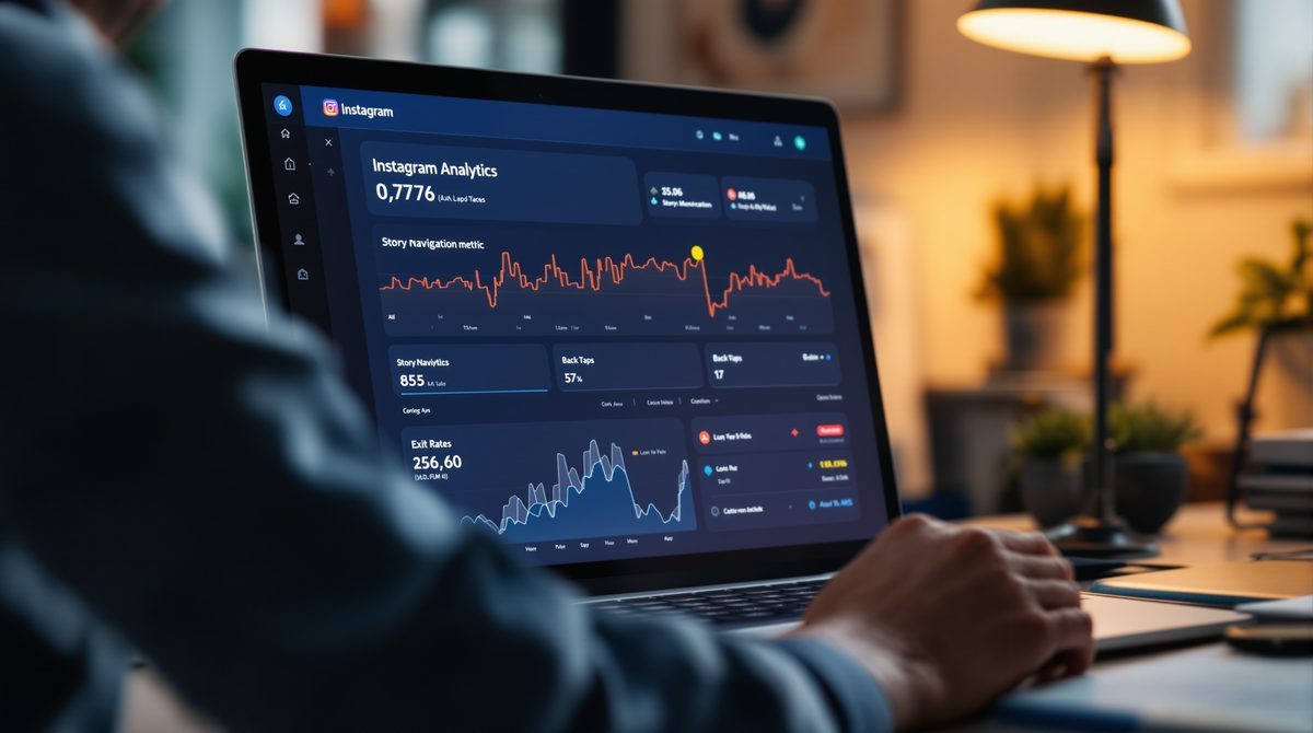 Social-Media-Manager analysiert Instagram Story Navigation Metriken auf einem Laptop-Bildschirm im Büro