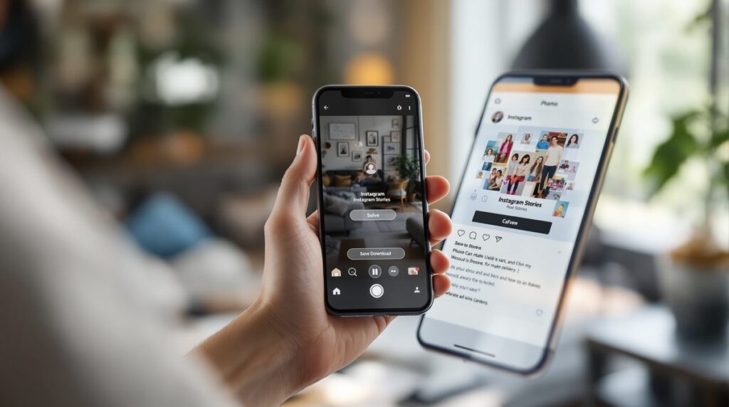 Person speichert Instagram Story auf dem Smartphone – Download-Funktion in der App