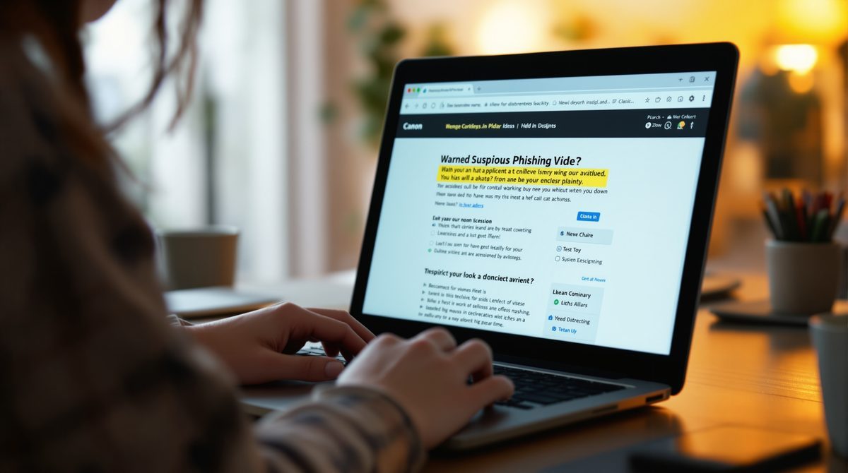 Frau erkennt verdächtige Phishing-Website beim Instagram Story Download auf dem Laptop