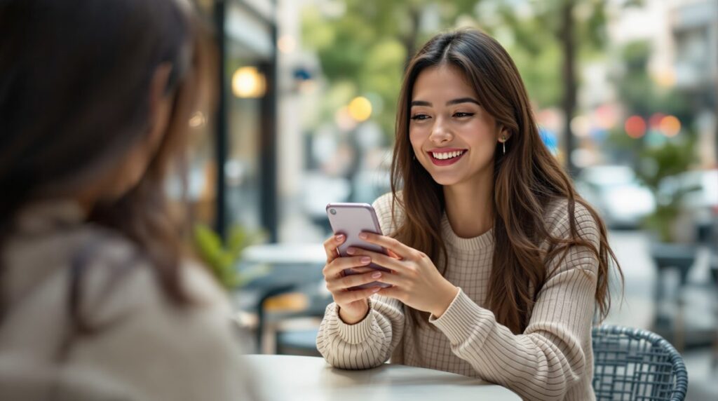 Instagram Story Viewer – Frau hält Smartphone mit Stories-Interface in einem Café