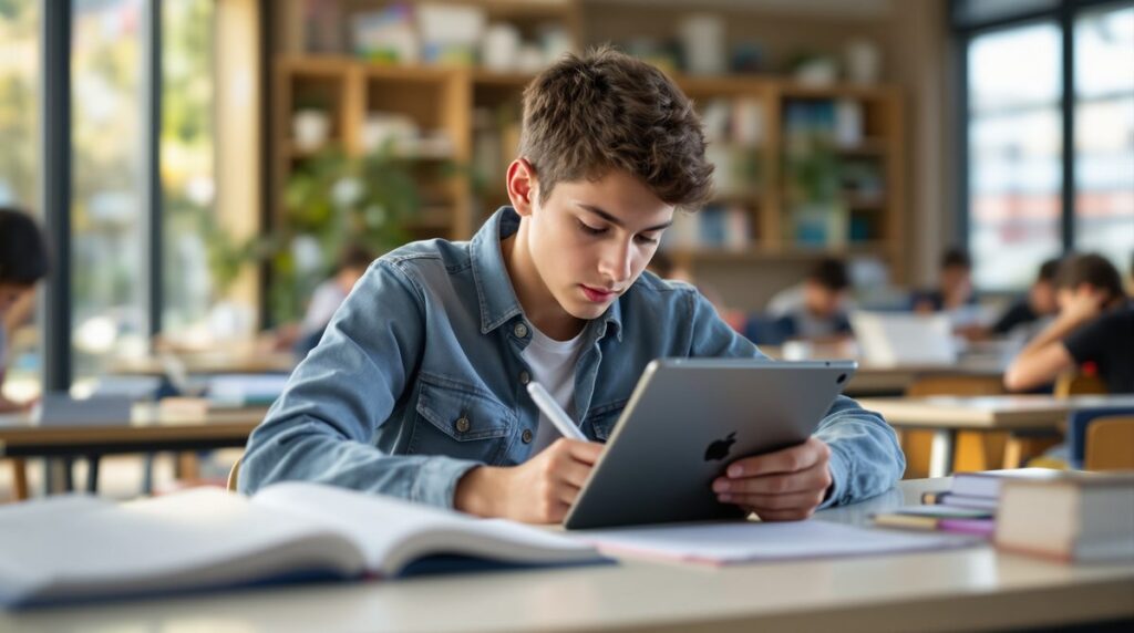 Schüler nutzt iPad für die Schule am Schulschreibtisch mit Apple Pencil
