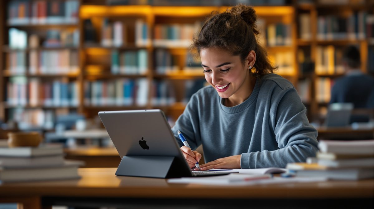 Schüler nutzt iPad mit Tastatur und Smart Keyboard in der Schulbibliothek für digitale Mitschriften