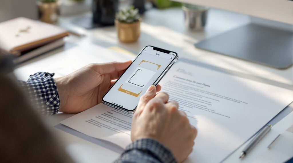 Person hält iPhone über ein Dokument auf dem Schreibtisch und scannt es mit der eingebauten Scan-Funktion