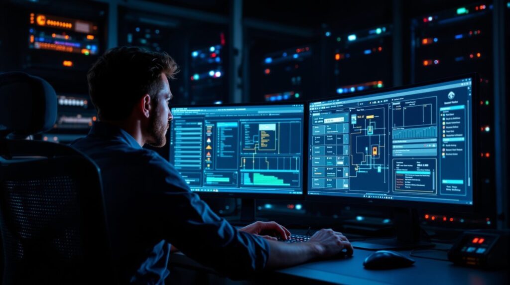 Netzwerkingenieur konfiguriert IPsec-Ports und VPN-Tunnel an einem professionellen Arbeitsplatz
