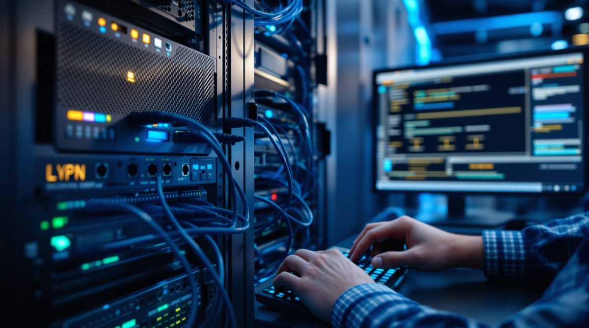 IT-Administrator konfiguriert VPN-Gateway in einem Rechenzentrum mit Netzwerkkabeln