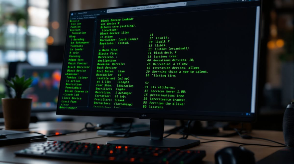 Close-up Linux Terminal mit lsblk-Befehl und Partitionsbaum-Ausgabe
