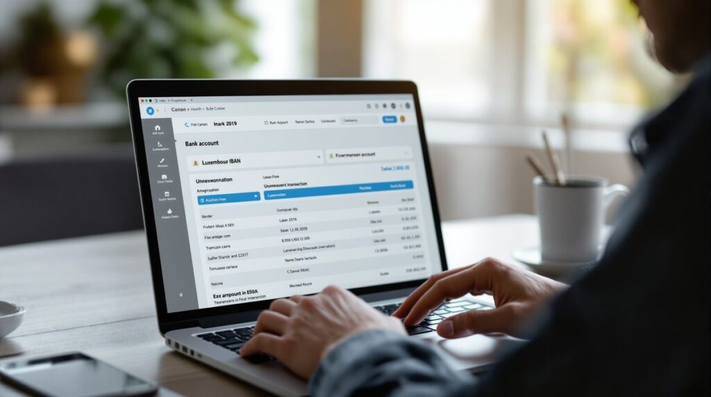 Unbekannte IBAN LU89 7510 0013 5104 200E auf Kontoauszug – Person prüft Abbuchung am Laptop