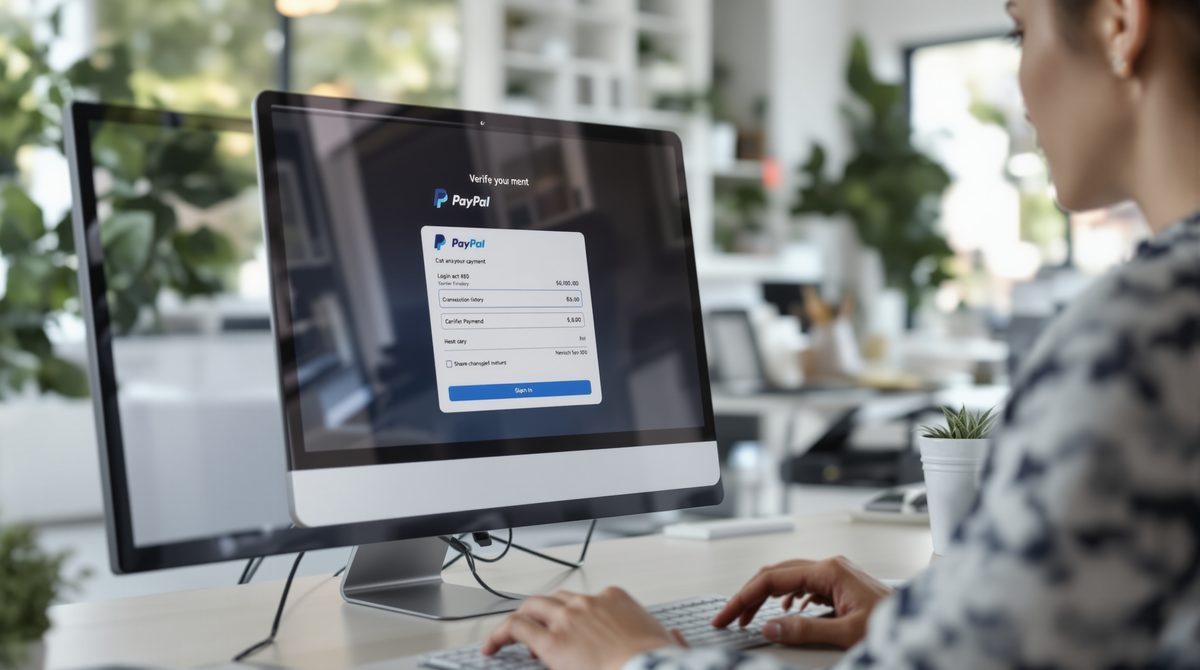 Person überprüft PayPal-Transaktionsverlauf am Desktop-Computer