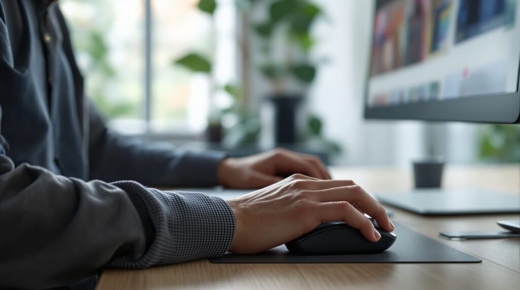 Person sitzt frustriert vor dem PC und hält eine nicht reagierende Maus in der Hand