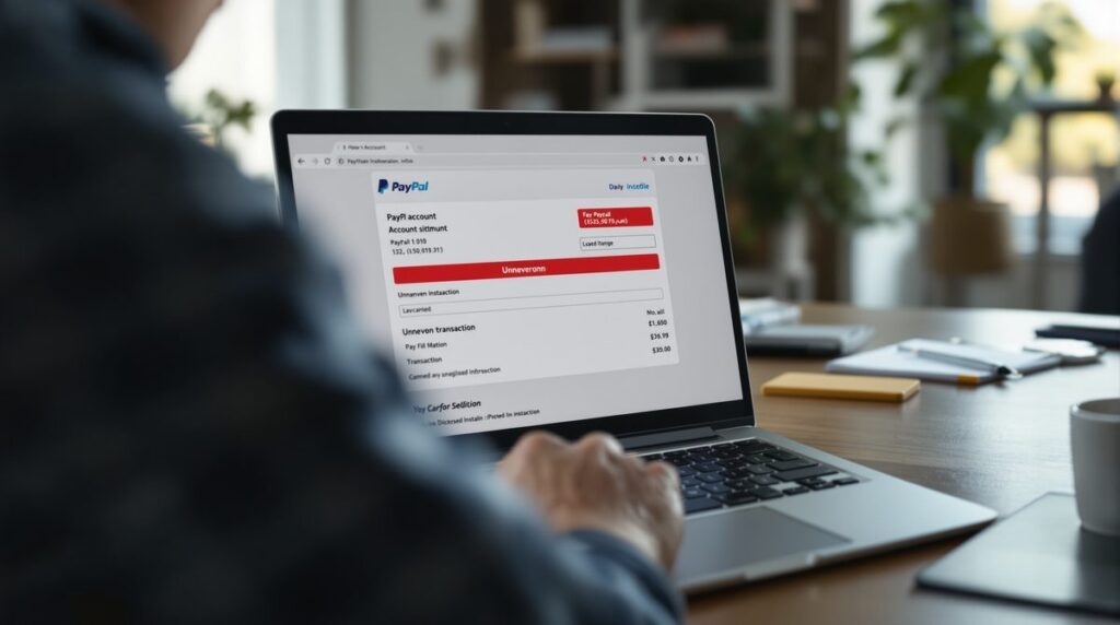 Person schaut besorgt auf Laptop-Bildschirm mit unbekannter PayPal-Abbuchung MC EUR PLUX ISSUING