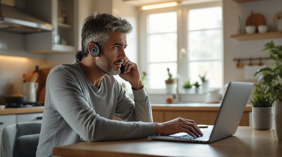 Person telefoniert mit Bank-Kundenservice wegen unbekannter Abbuchung am Laptop