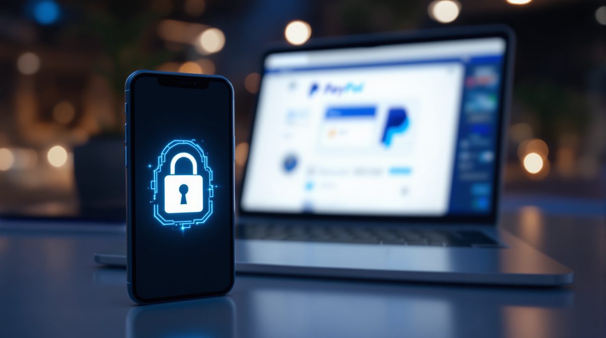 Smartphone mit Sicherheitsschloss-Icon zeigt digitale Zahlungssicherheit bei PayPal