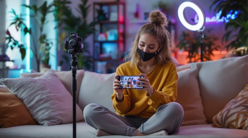 Junge Content Creatorin filmt TikTok-Video im Home-Studio mit Ringlicht und Smartphone