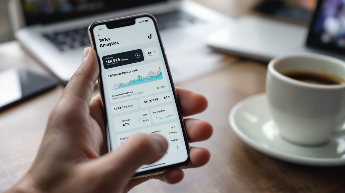 Smartphone-Display zeigt TikTok-Analytics-Dashboard mit Einnahmen-Statistiken und Follower-Wachstum