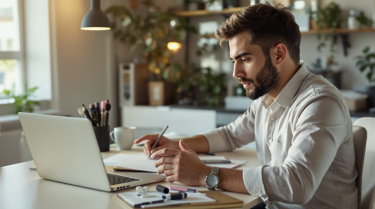 Junger Influencer prüft Markenkooperationsvertrag am Laptop mit Produkten auf dem Schreibtisch
