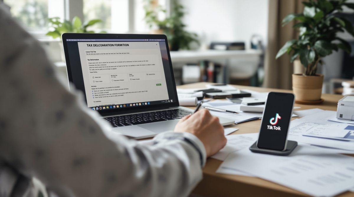 Person füllt am hellen Schreibtisch Steuererklärung am Laptop aus, TikTok-App auf Smartphone daneben sichtbar