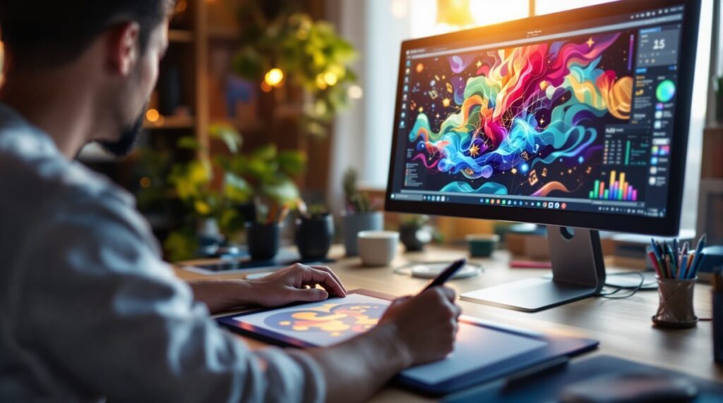 Digitaler Künstler erstellt einen NFT am Computer mit Grafiktablett und Blockchain-Interface