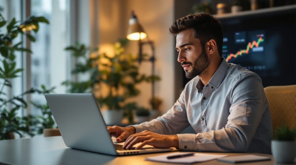 Person verdient online Geld am Laptop – Home Office mit Einnahmen-Dashboard