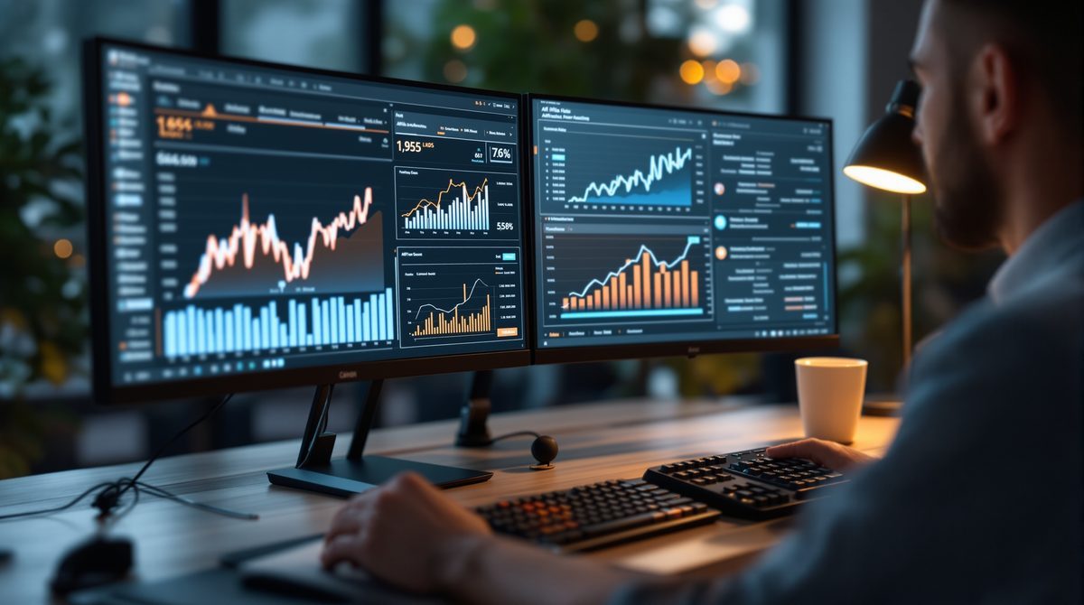 Digitaler Unternehmer analysiert Affiliate-Marketing-Einnahmen auf Dual-Monitor-Setup