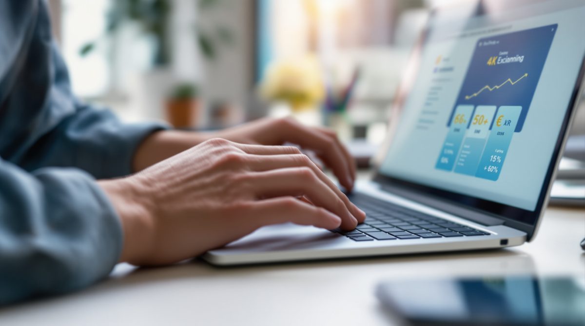 Nahaufnahme Hände auf Laptop-Tastatur mit Freelancing-Plattform auf dem Bildschirm