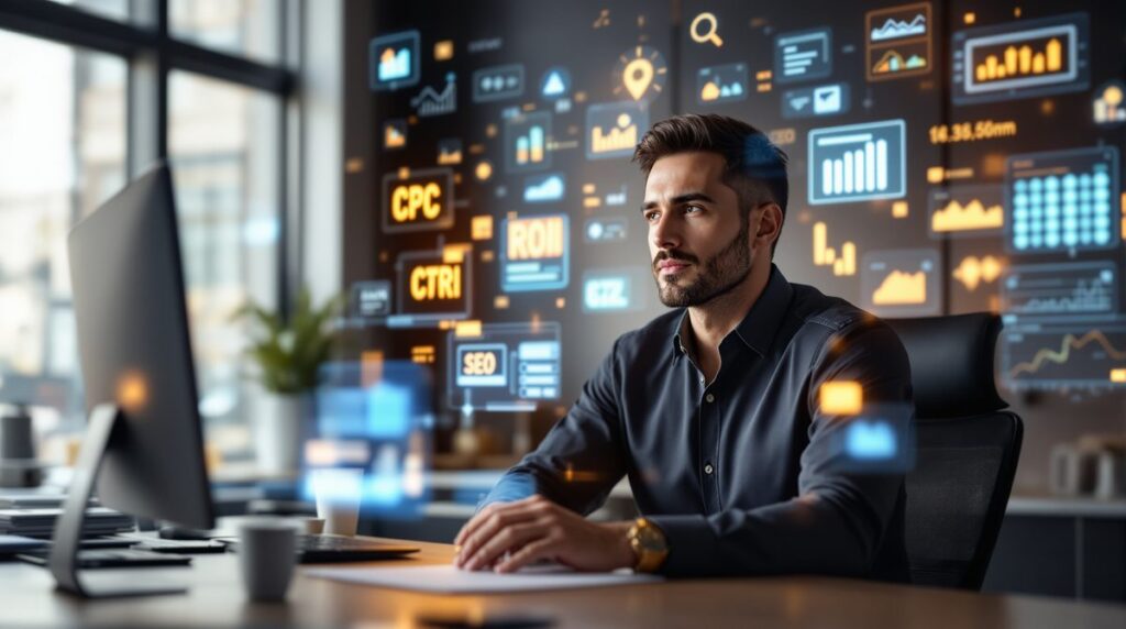 Online Marketing Lexikon – Marketingexperte vor digitalen Fachbegriffen und Analytics-Dashboard