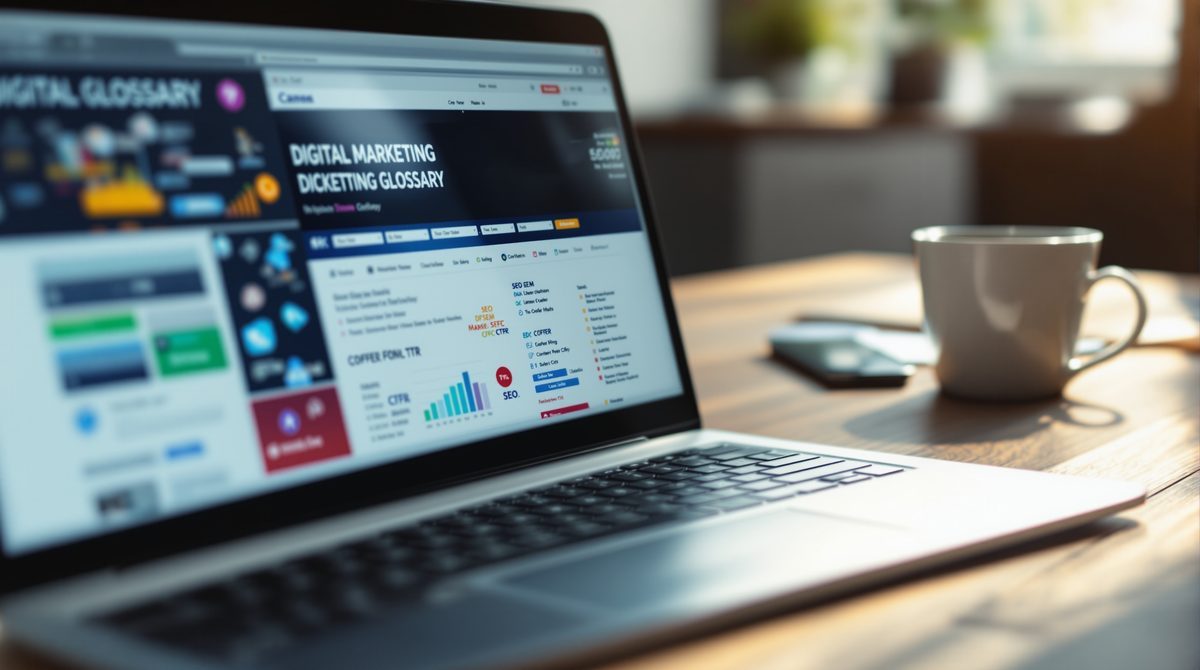 Laptop mit Online-Marketing-Glossar auf dem Bildschirm mit Fachbegriffen wie SEO, CPC und CTR