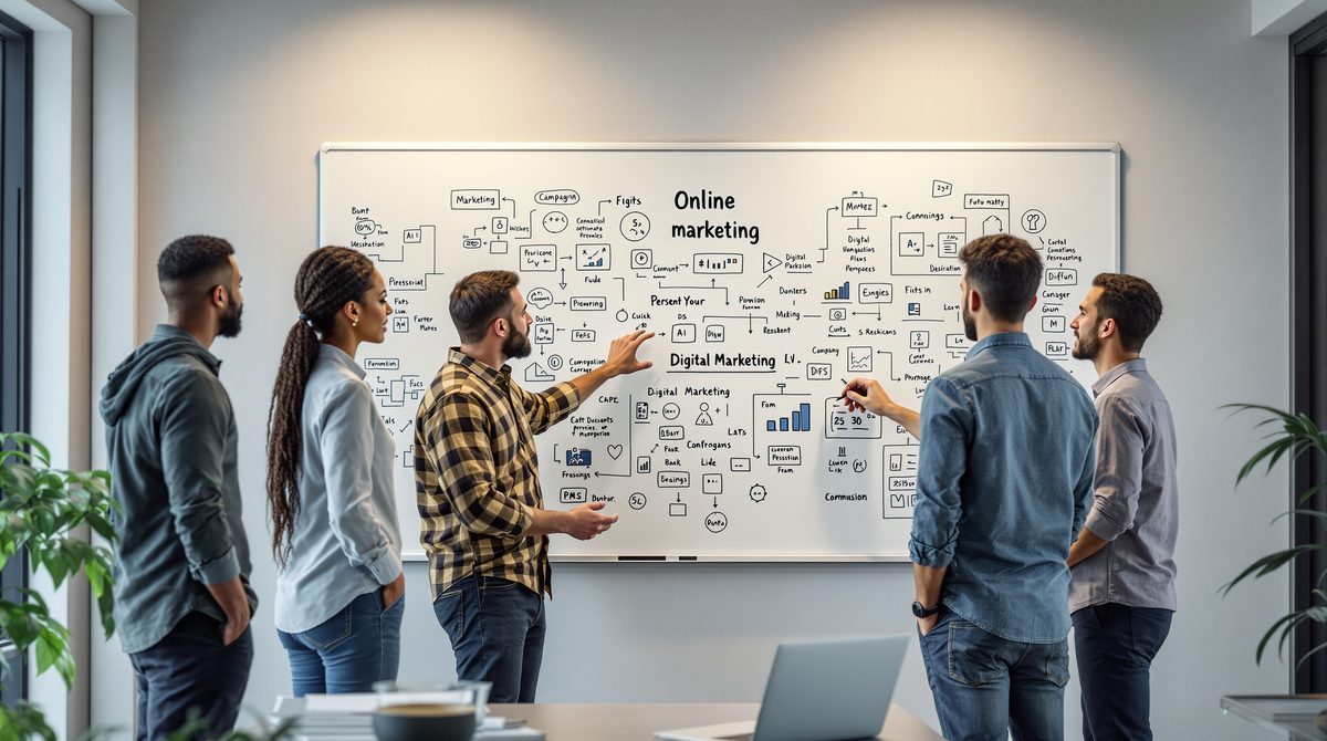 Marketingteam diskutiert Online-Marketing-Strategie am Whiteboard mit digitalen Fachbegriffen