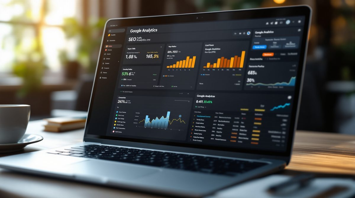 SEO-Dashboard mit Analytics-Daten und Keyword-Rankings auf einem Laptop-Bildschirm