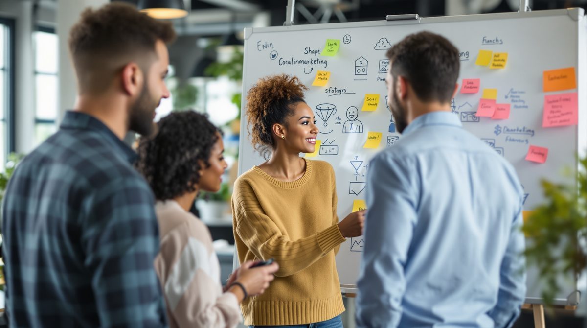 Team erarbeitet gemeinsam Online-Marketing-Strategie am Whiteboard mit Diagrammen und Social-Media-Icons