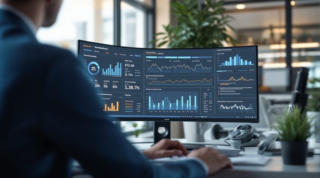 Businessperson analysiert Online Reputation Management Daten auf einem Monitor im modernen Büro
