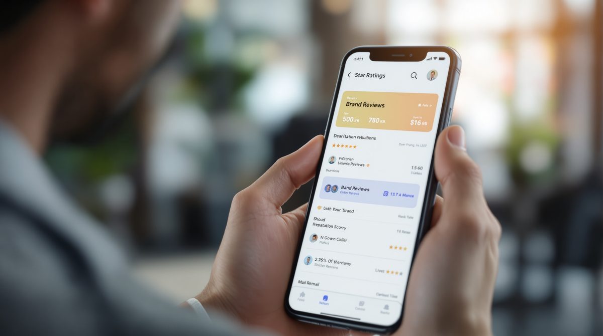 Smartphone zeigt Sternebewertungen und Reputations-Dashboard für Online Reputation Management