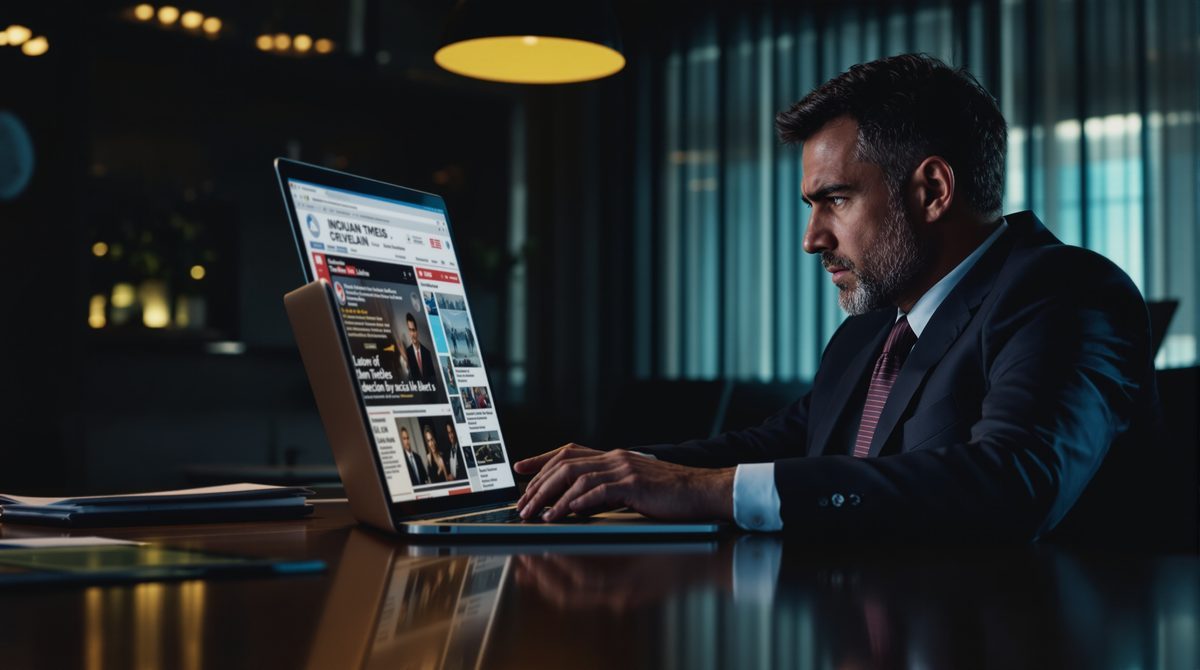 Manager analysiert negative Presse und Social-Media-Alerts auf Laptop im Krisenmanagement