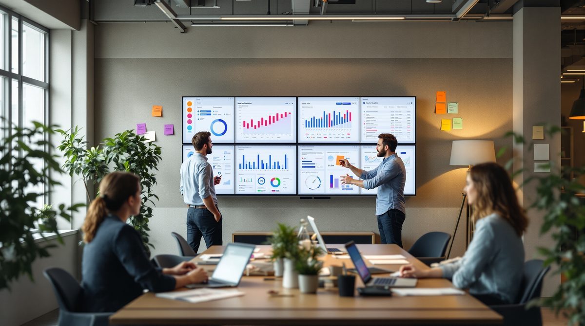 Marketing-Team analysiert Marken-Sentiment-Daten auf Bildschirmen im modernen Büro