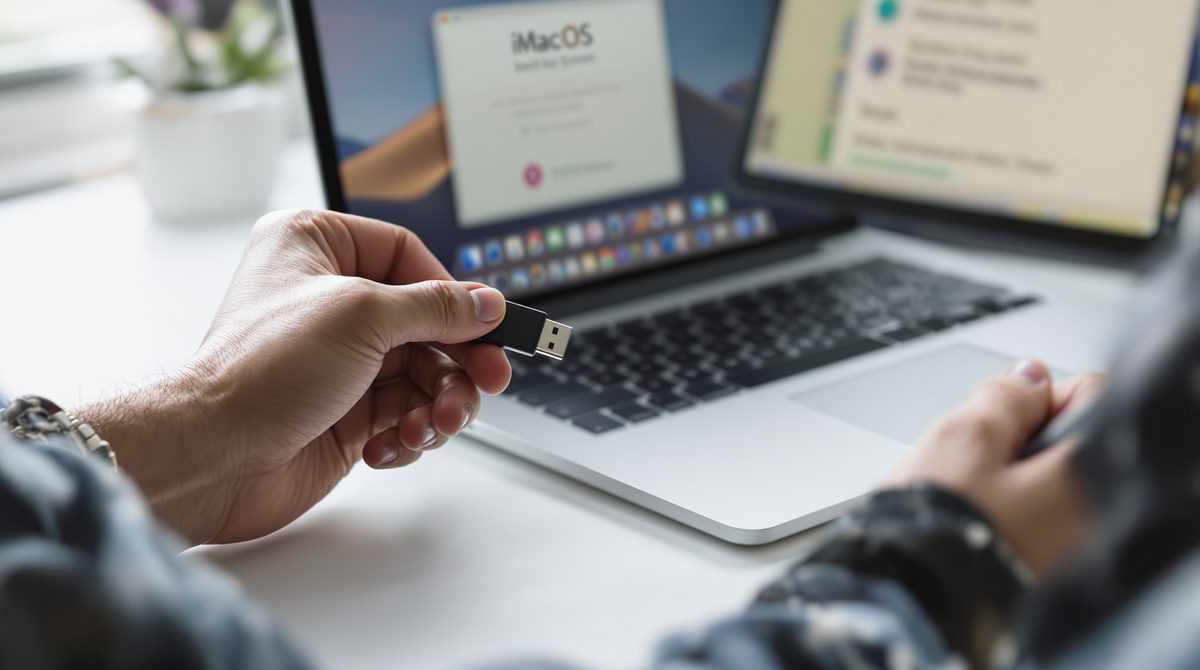 USB-Stick neben einem älteren MacBook — bootfähiges Installationsmedium für den OpenCore Legacy Patcher
