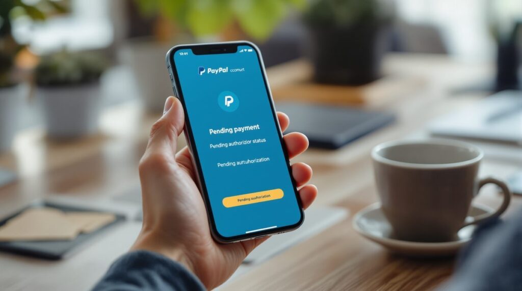 Smartphone zeigt PayPal-Zahlungsstatus mit ausstehender Autorisierung