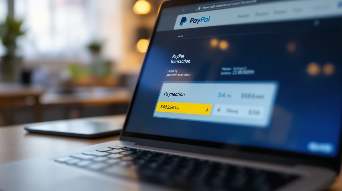 Laptop-Bildschirm mit PayPal-Transaktionsdetails und hervorgehobenem Zahlungsstatus