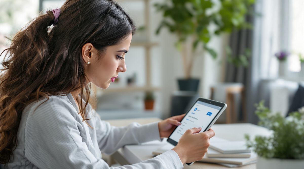 Frau prüft PayPal-Zahlungsstatus auf Tablet am Schreibtisch