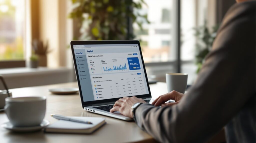 PayPal Geschäftskonto eröffnen – Unternehmer am Laptop mit PayPal Business Dashboard