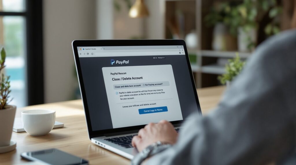 Person schließt PayPal-Konto am Laptop – Kontoeinstellungen im Browser