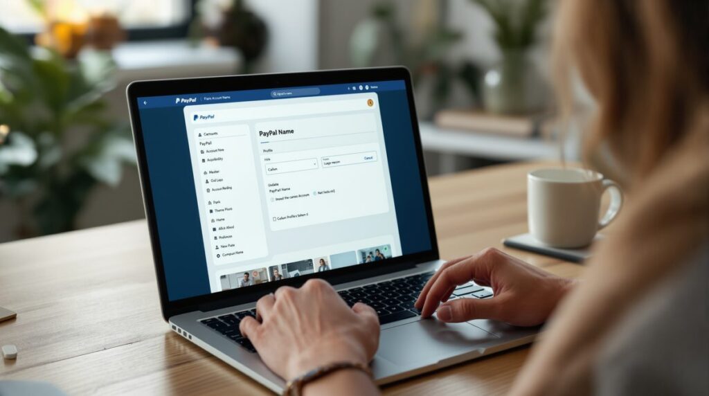 Person aktualisiert den PayPal-Namen am Laptop in einem modernen Homeoffice