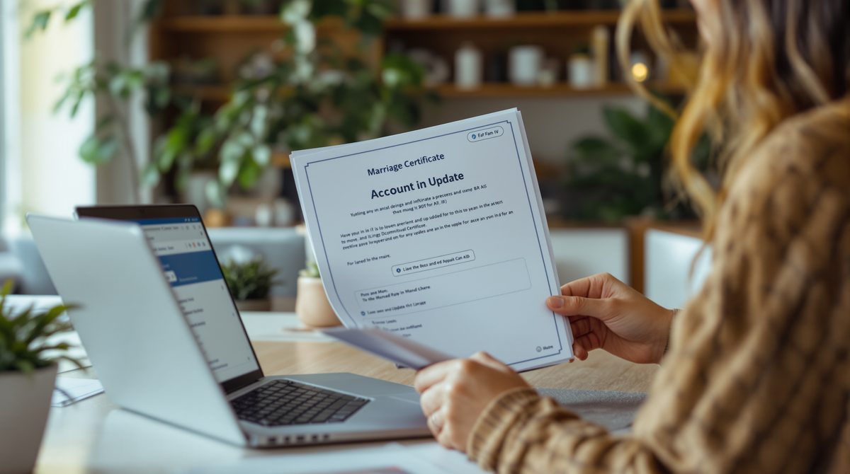 Frau hält Heiratsurkunde und Personalausweis für PayPal Namensänderung bereit