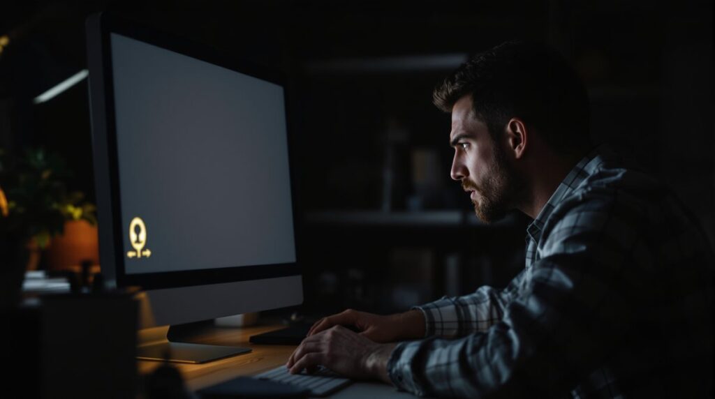 Person sitzt vor einem PC mit schwarzem Bildschirm, der nicht hochfährt