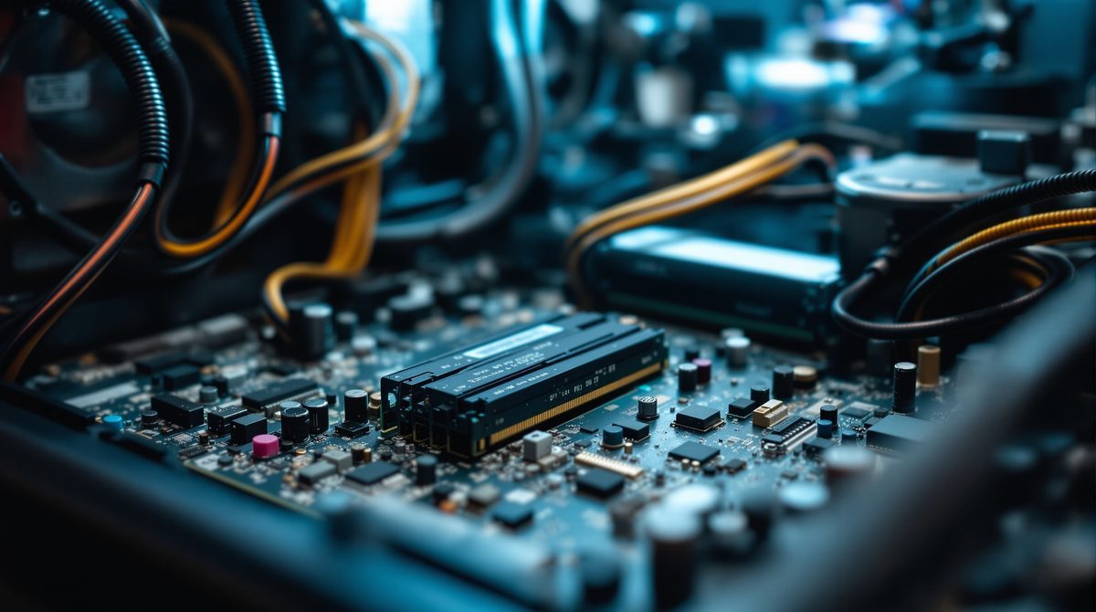 Geöffnetes PC-Gehäuse mit losen RAM-Riegeln und defekten Kabeln als Ursache für Startprobleme