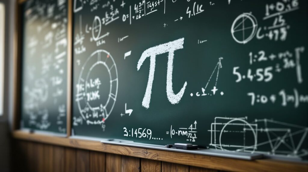 Tafel mit Pi-Ziffern und geometrischen Kreisformeln – Visualisierung der mathematischen Konstante Pi