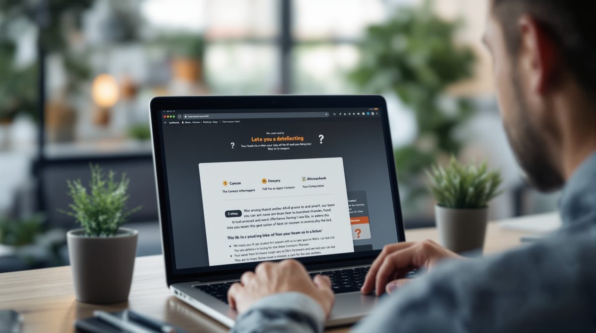 Person schaut skeptisch auf Laptop-Bildschirm mit fragwürdiger Webseite ohne Impressum