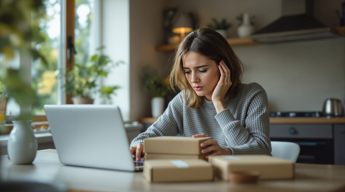 Frau prüft unerwartet erhaltenes Paket am Laptop