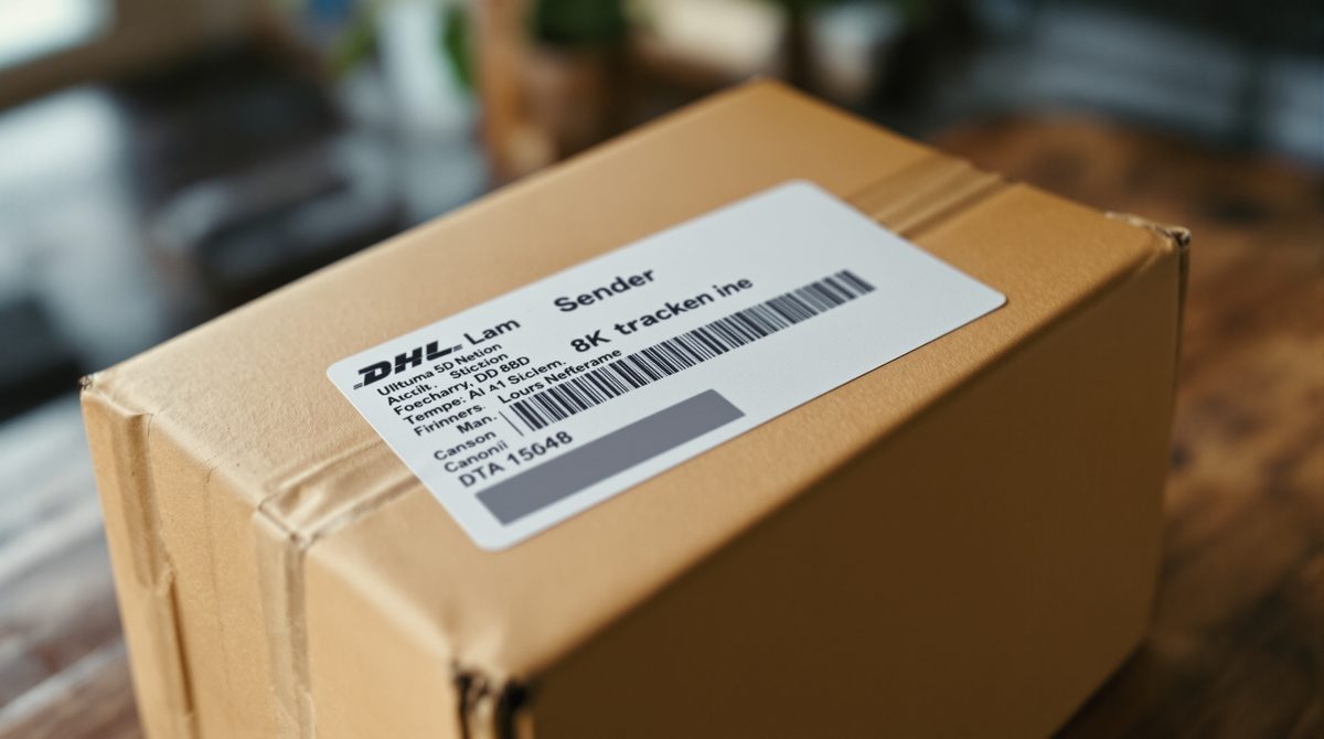 Versandetikett eines Pakets mit Absenderangaben – Nahaufnahme eines DHL-Aufklebers