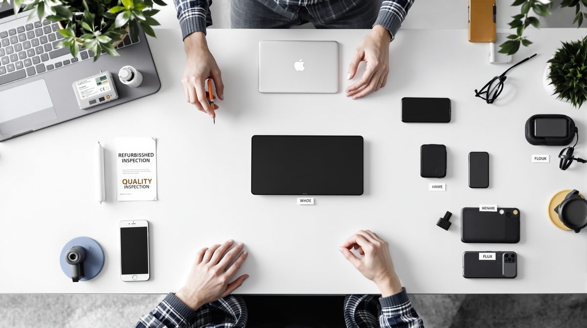 Generalüberholte Smartphones und Laptops auf einem Tisch – Qualitätsprüfung bei Refurbed