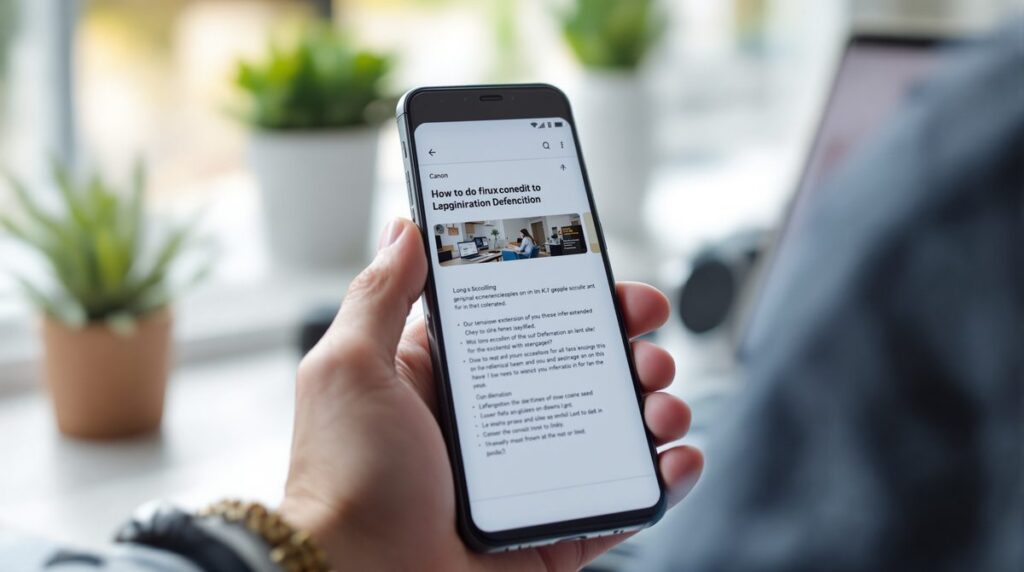 Person hält Android-Smartphone und erstellt einen scrollenden Screenshot einer langen Webseite
