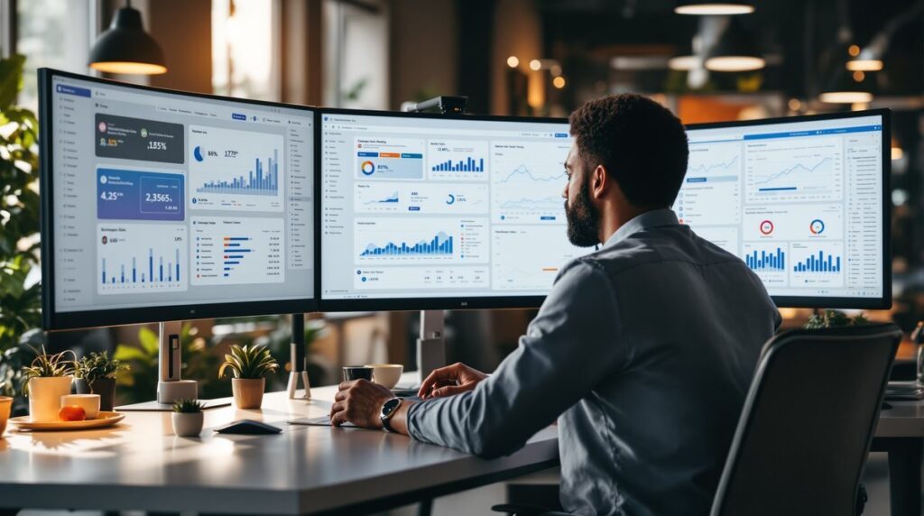 Marketing-Profi am modernen Schreibtisch mit Social-Media-Dashboards auf mehreren Bildschirmen